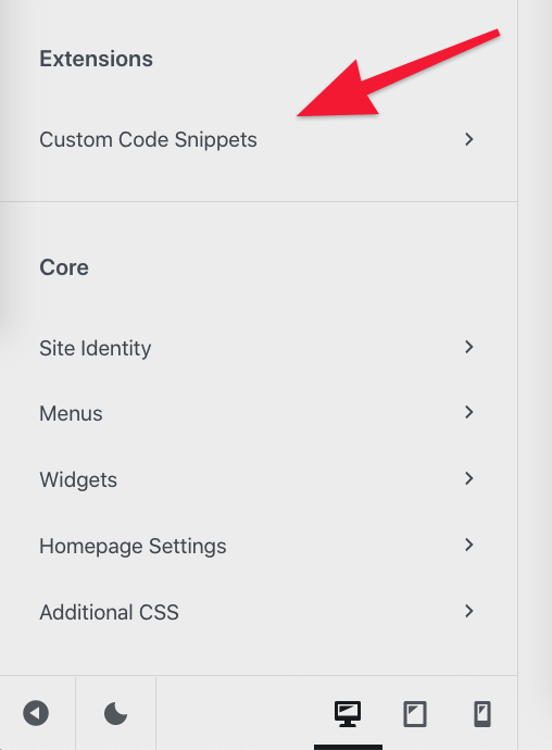 customizer custom code snippets