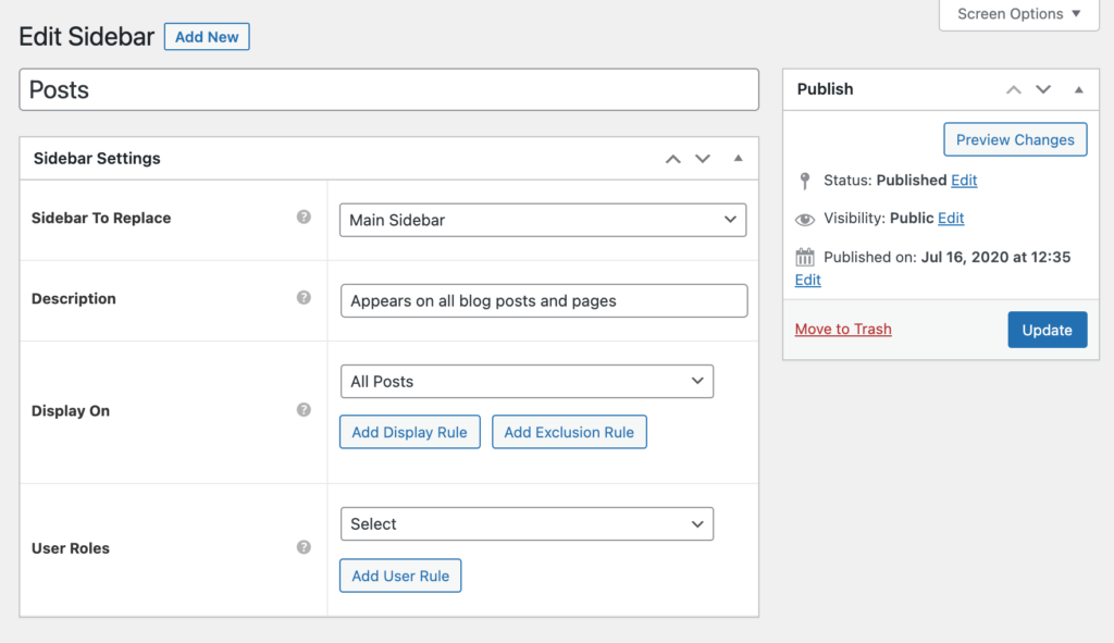 New WordPress custom sidebar