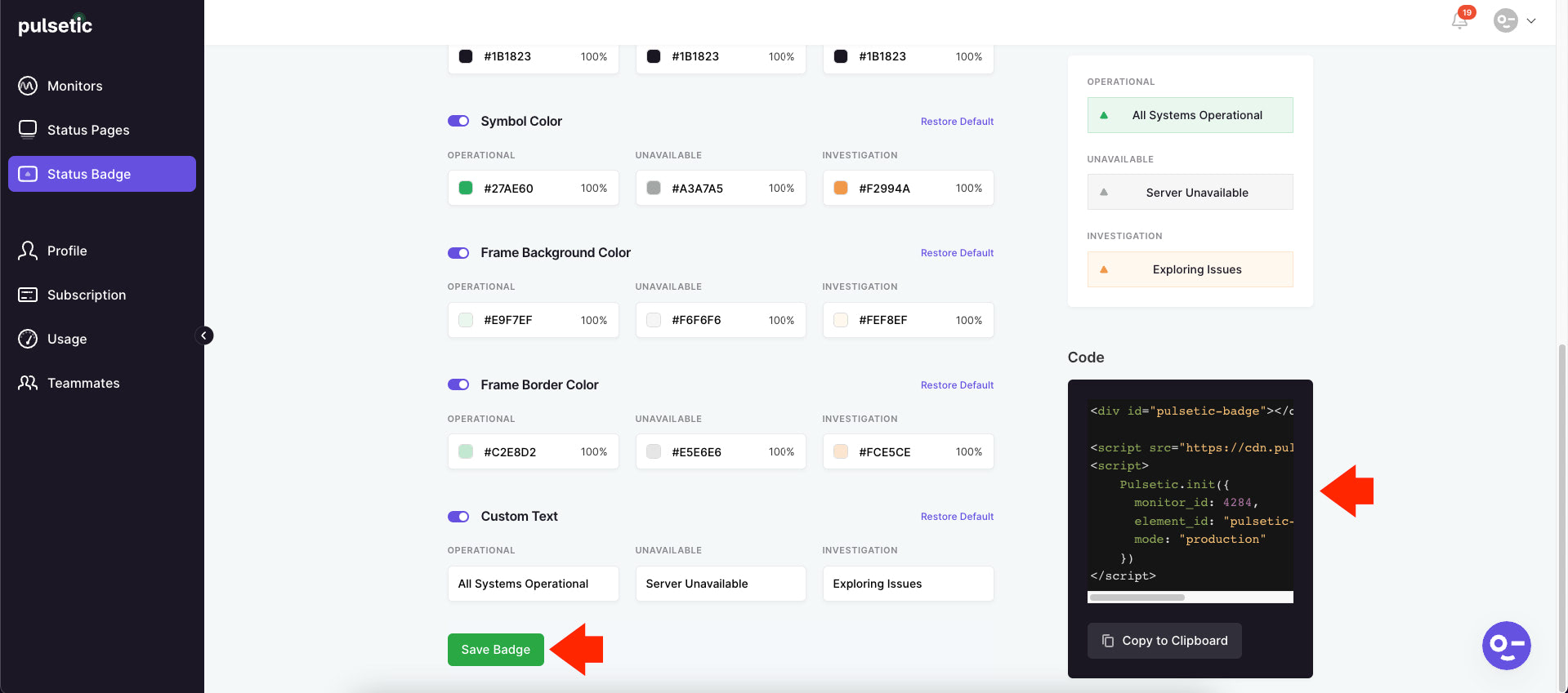 Status Badge dashboard