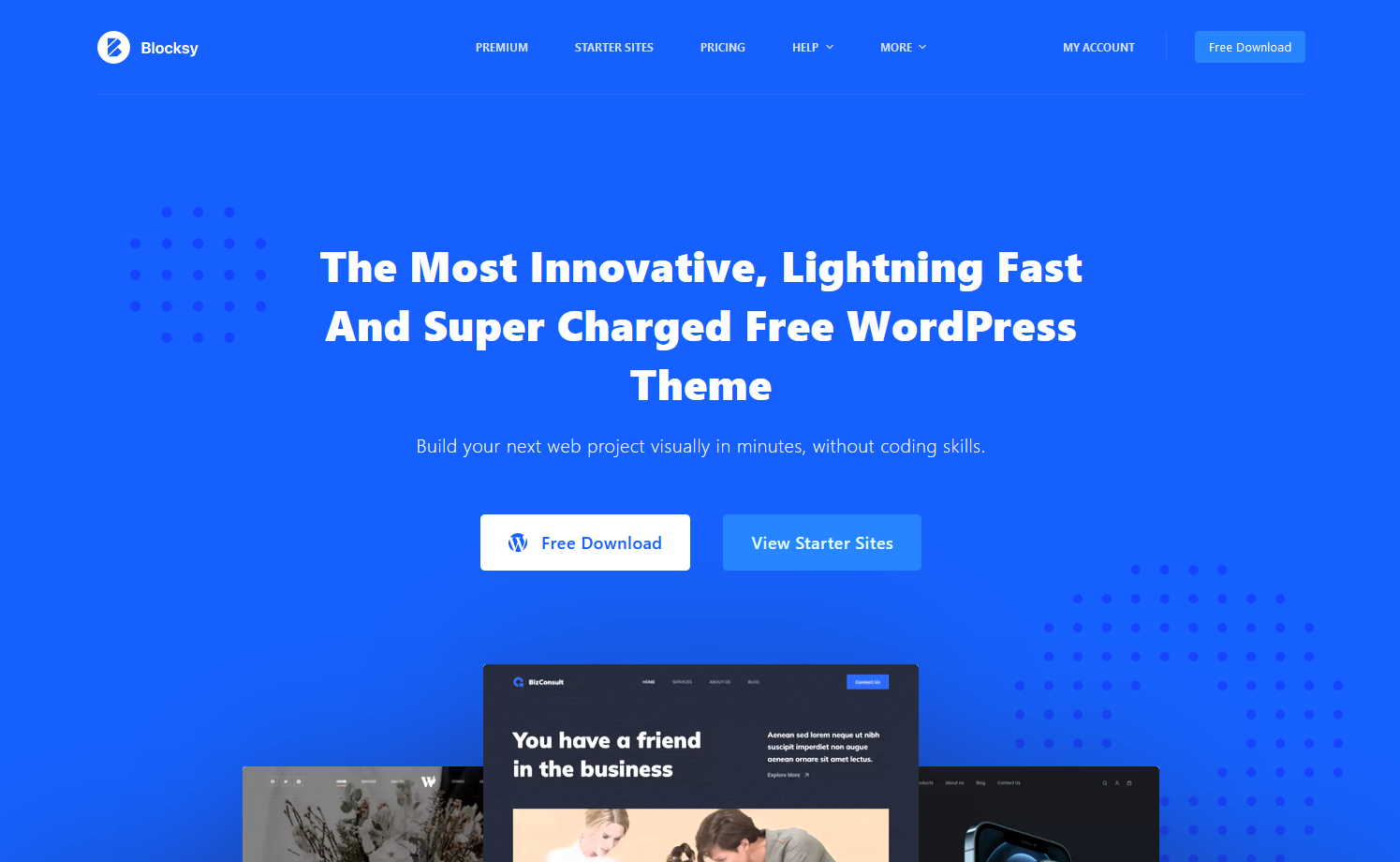 Blocksy, an example of an accessible WordPress theme, landing page screenshot