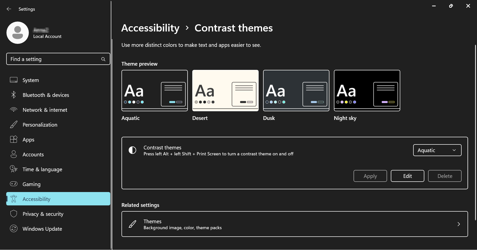 Windows 11 accessible contrast themes