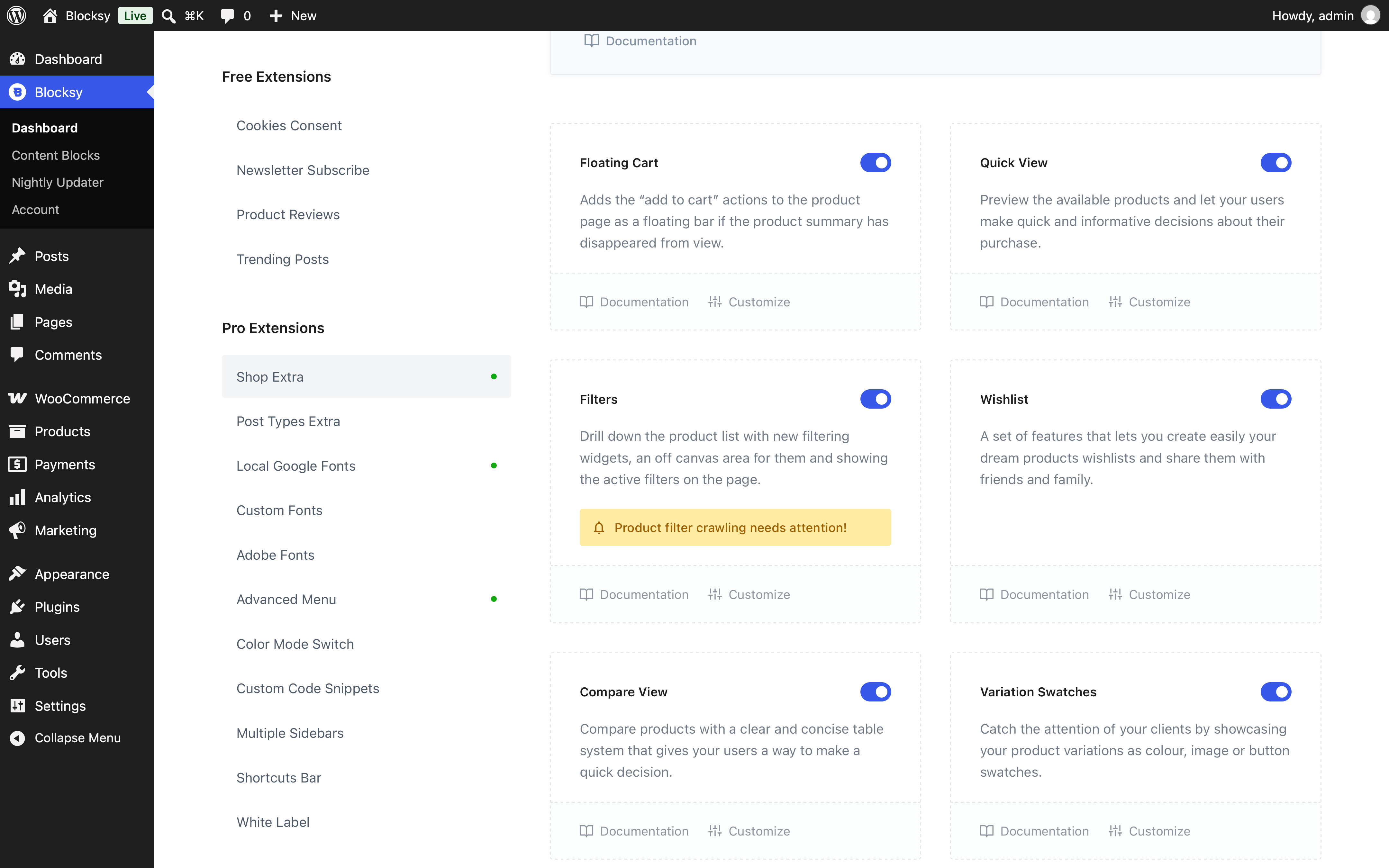 Product Filters crawl-protection notification in the Blocksy dashboard