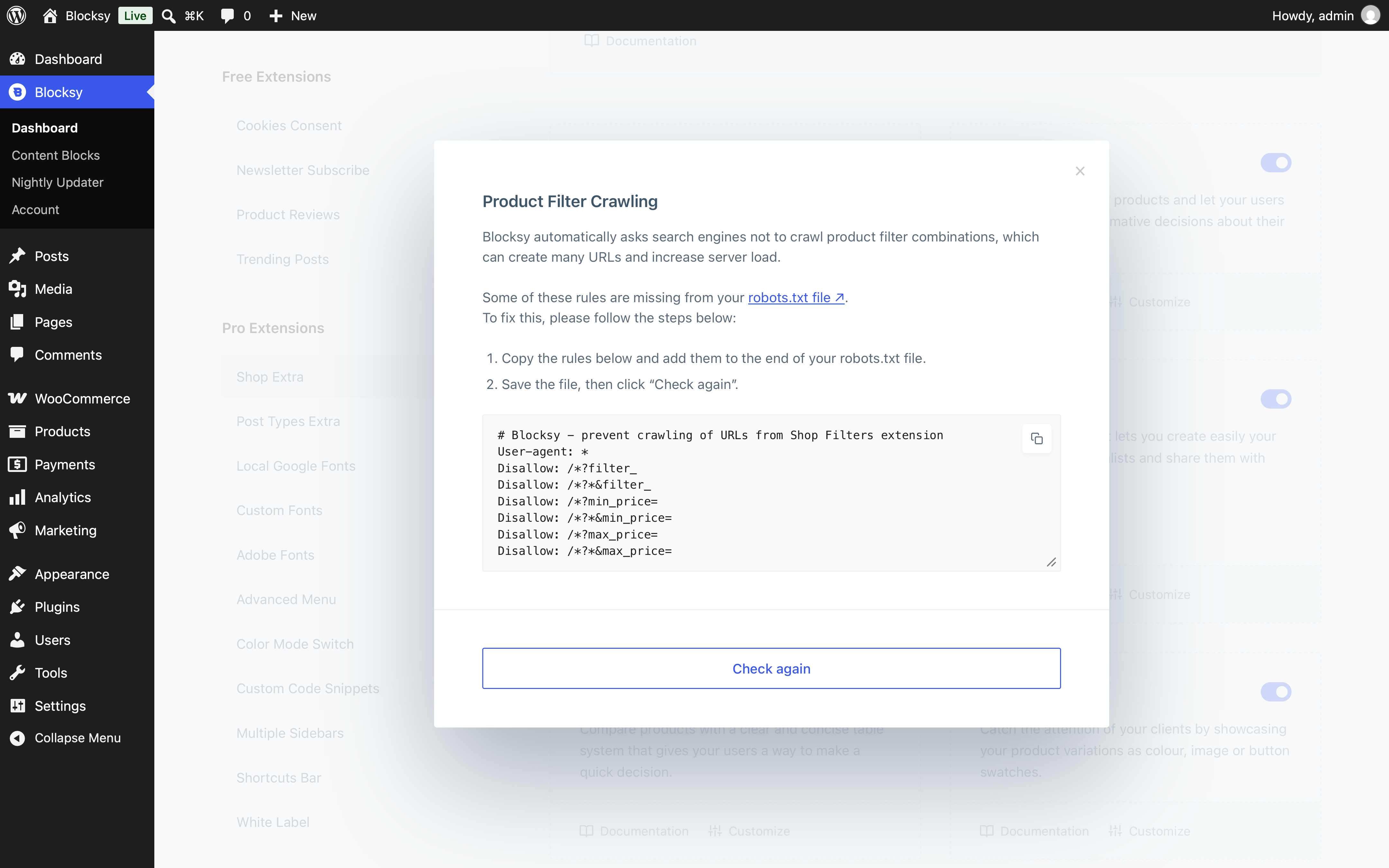 Blocksy Product Filters robots.txt rules ready to be copied manually