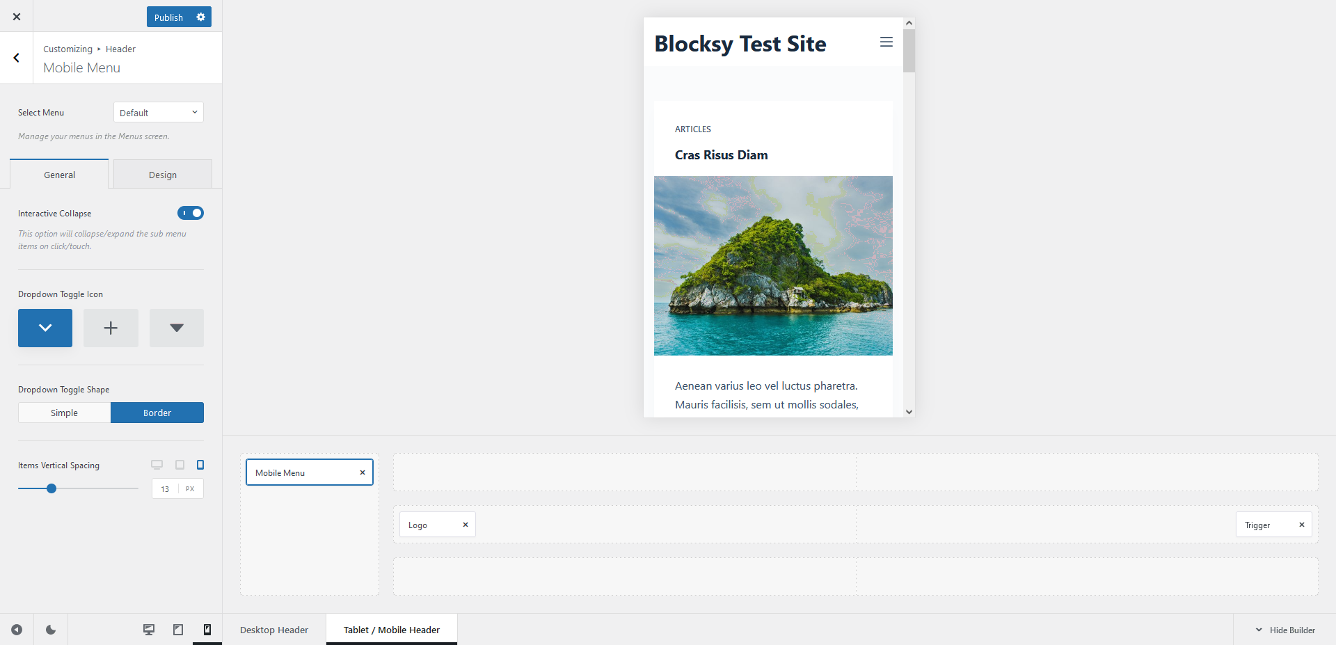 Blocksy's mobile menu options in the WordPress Customizer, screenshot