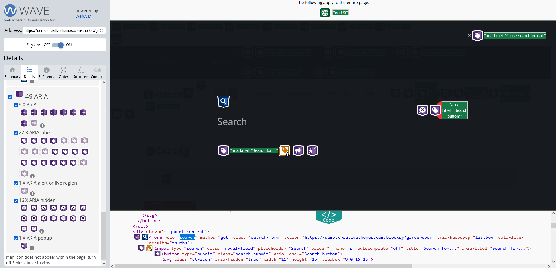 Blocksy's accessible search form, visualized in the WAVE tool, screenshot