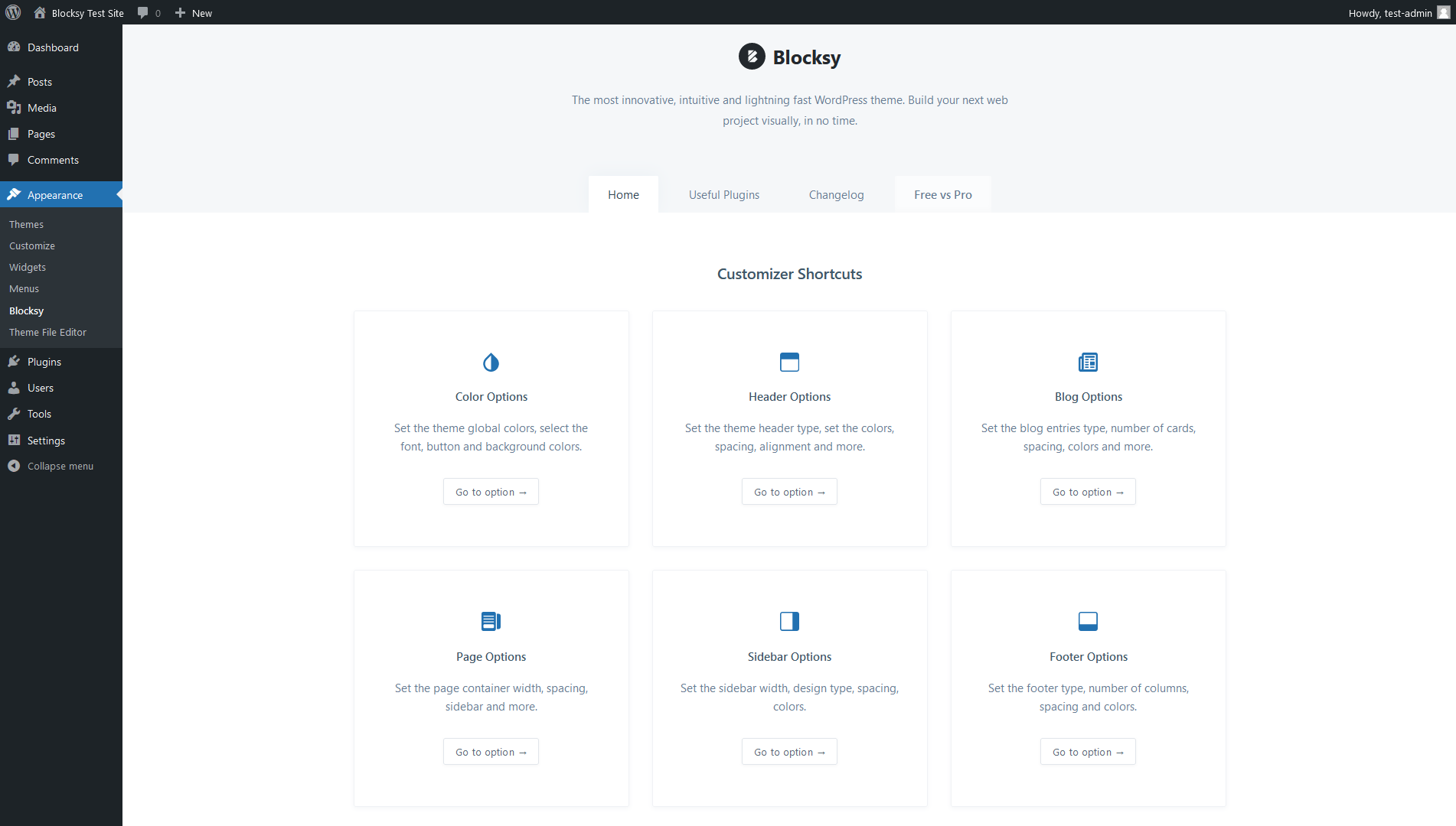 Blocksy's theme dashboard in the WordPress admin area, screenshot 