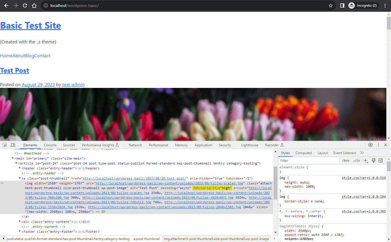A screenshot in Chrome DevTools showing the fetchpriority="high" attribute added to the featured image by WordPress