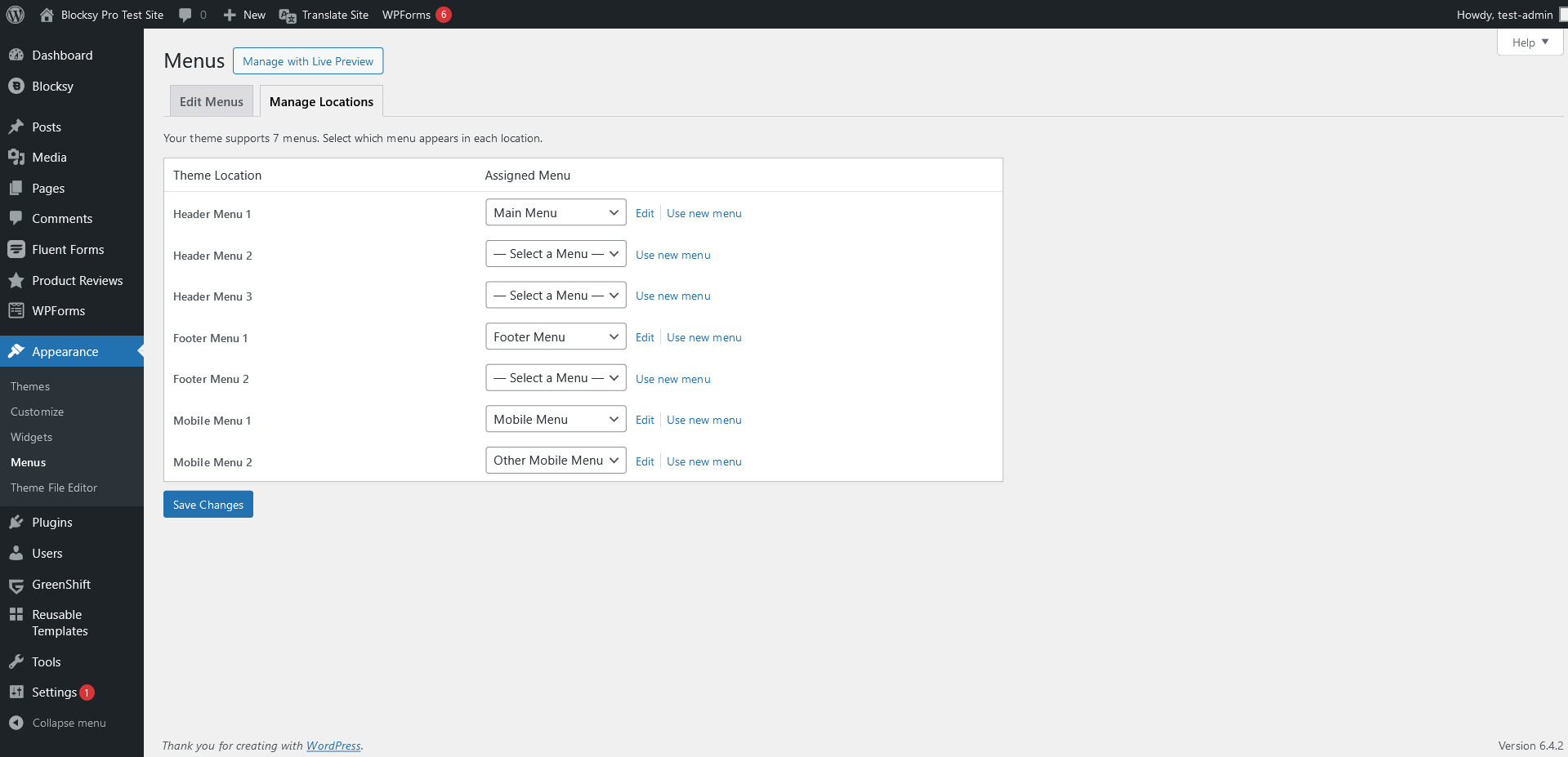 A screenshot of the Appearance - Menus - Manage Locations page in the WordPress admin area