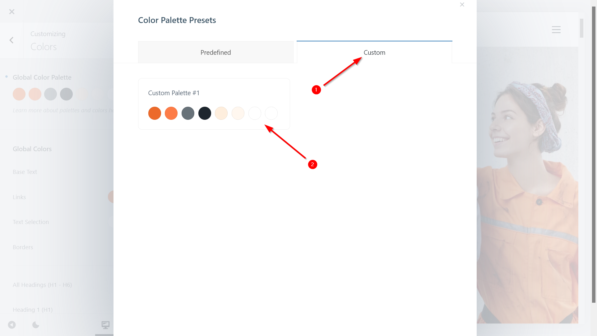 The Custom tab of the Color Palette Presets modal with the saved custom palette