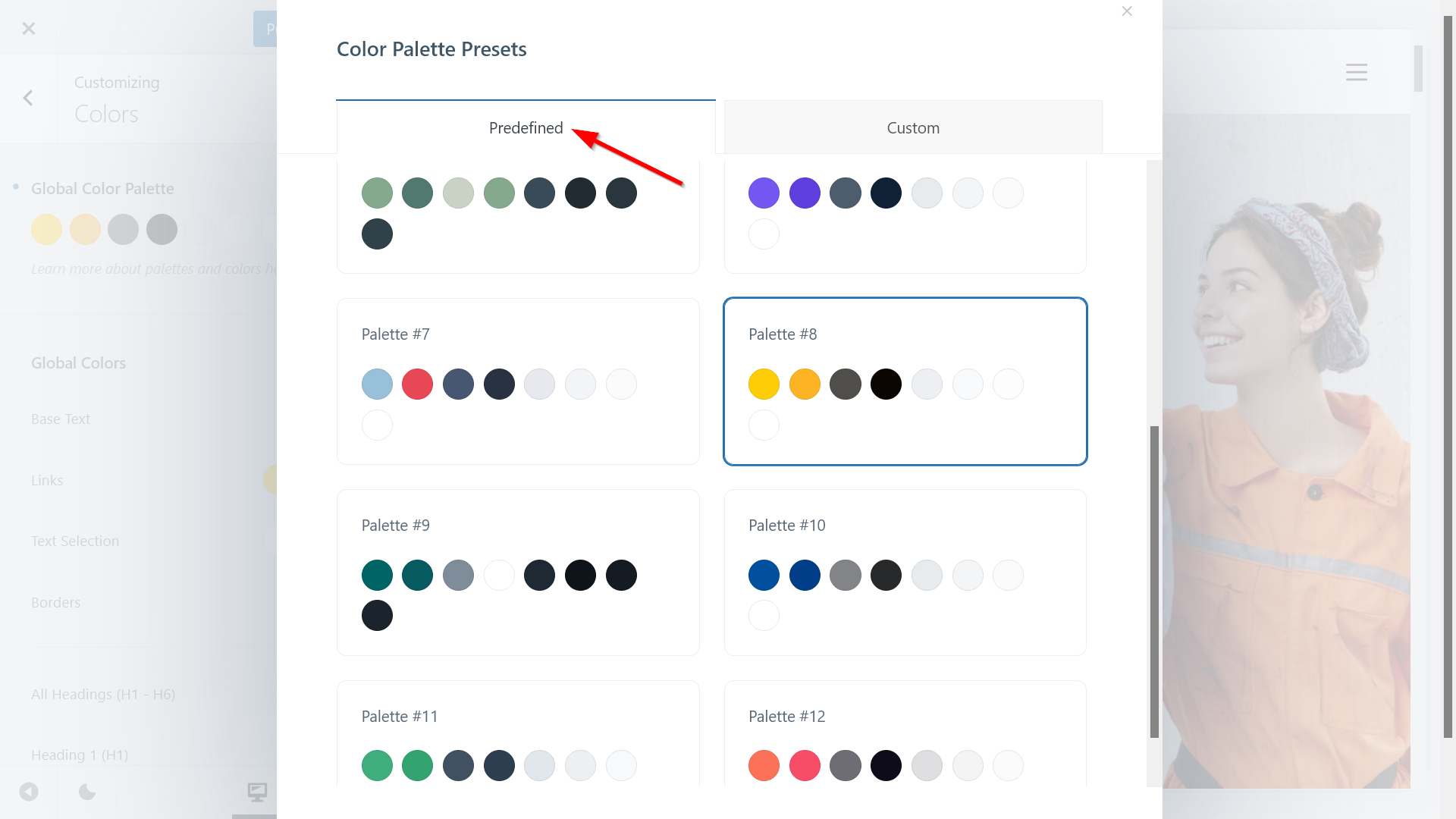 The Predefined tab of the Color Palette Presets modal