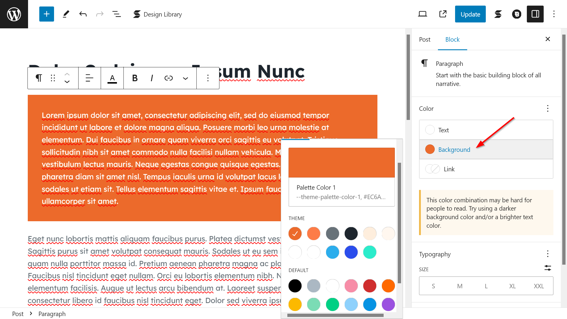 Active color palette shown inside a paragraph block in the Gutenberg editor