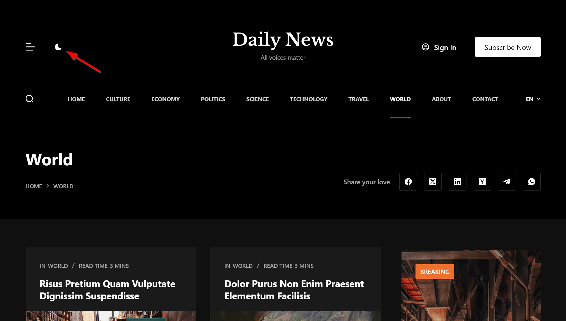 A live example of dark mode in WordPress on the Daily News starter site