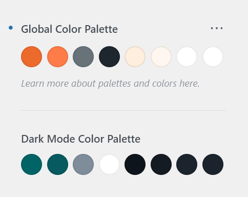 Custom colors for the light mode color palette, default colors for the dark mode color palette in the Colors panel of the WordPress Customizer