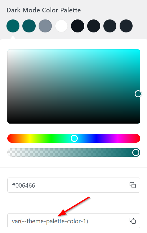 The same color variable for the dark mode color, shown in the  Customizer