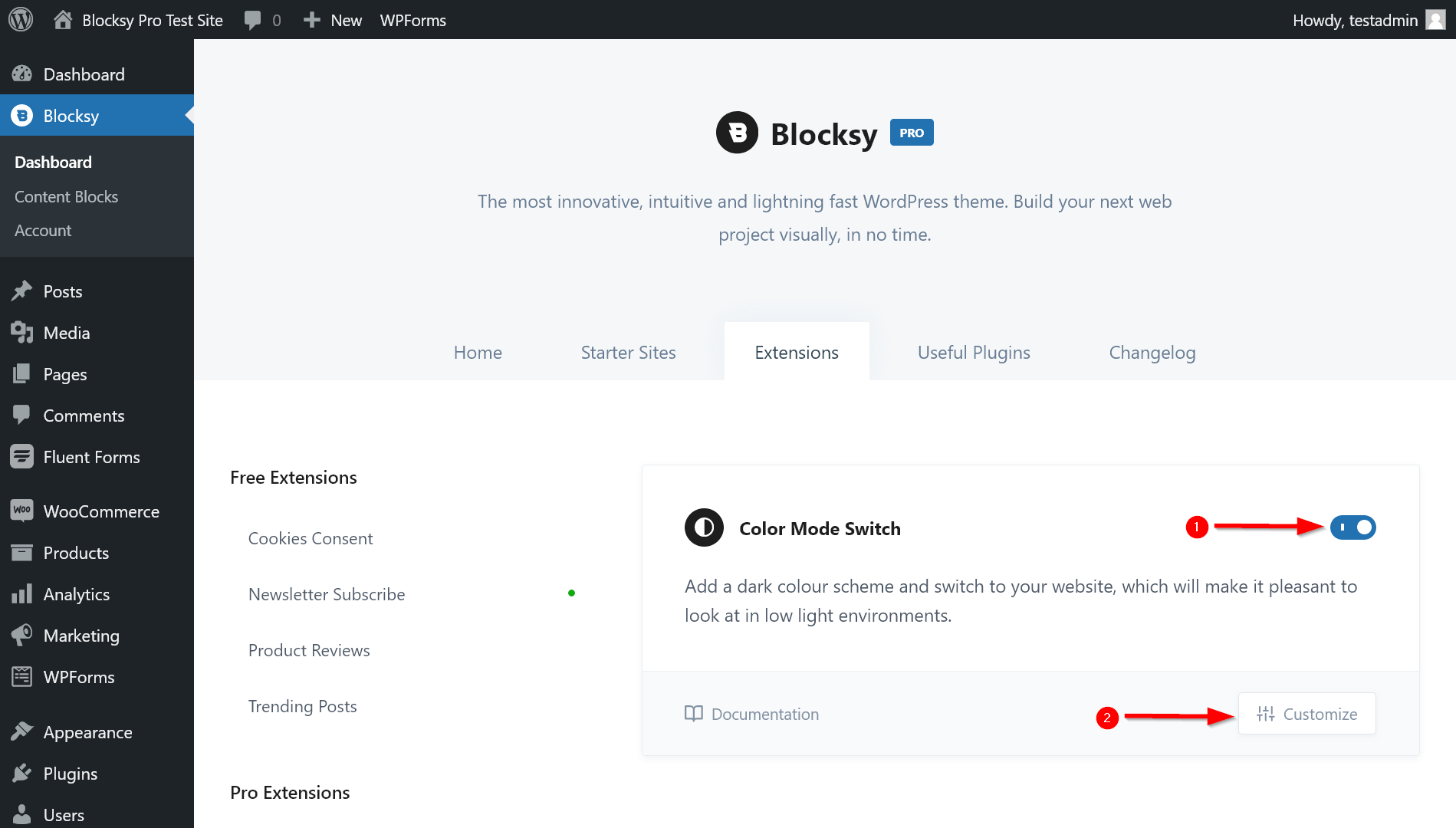 Location of the Color Mode Switch extension in the WordPress admin area, annotated screenshot