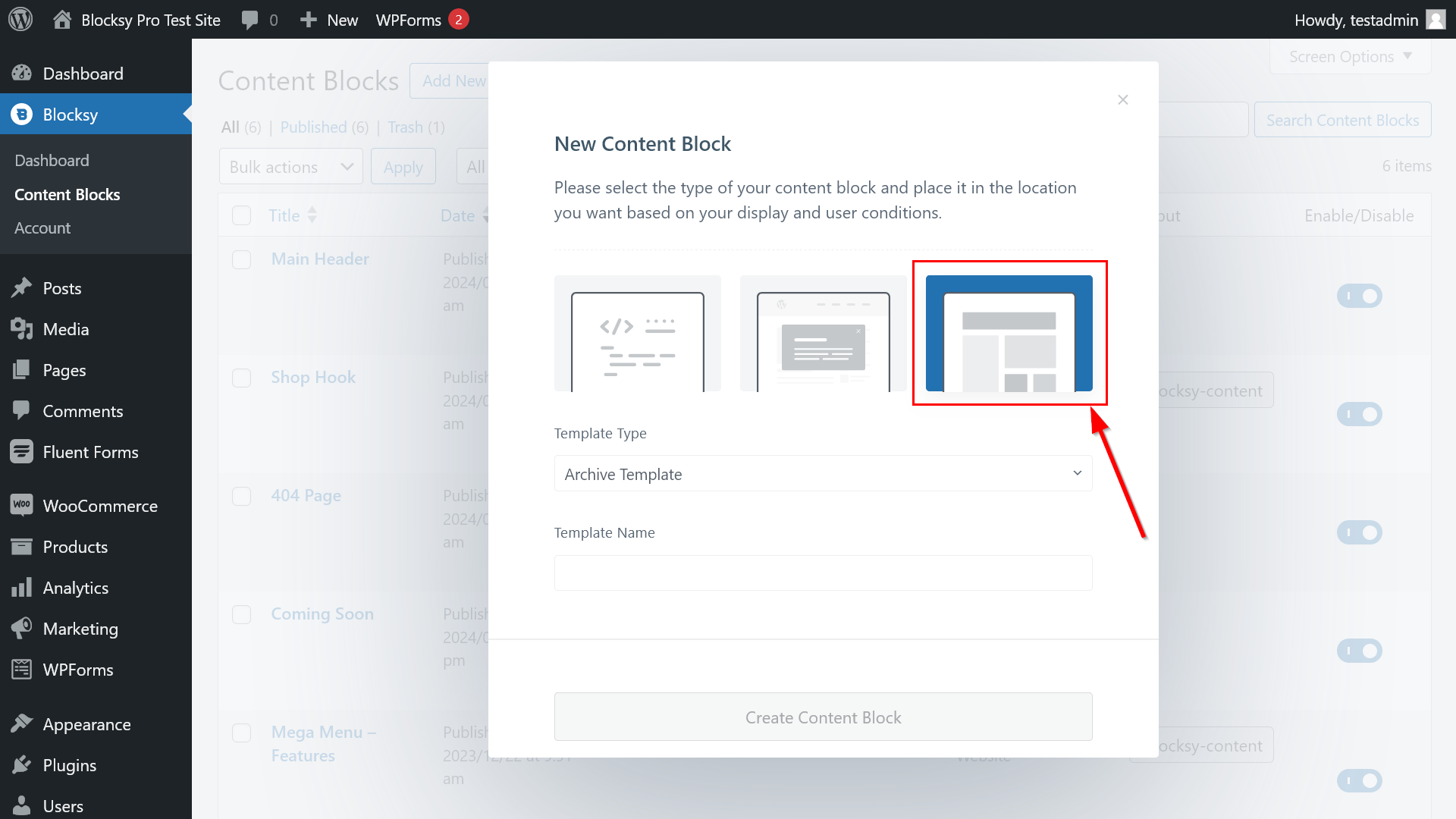 Custom Template option inside the New Content Block modal