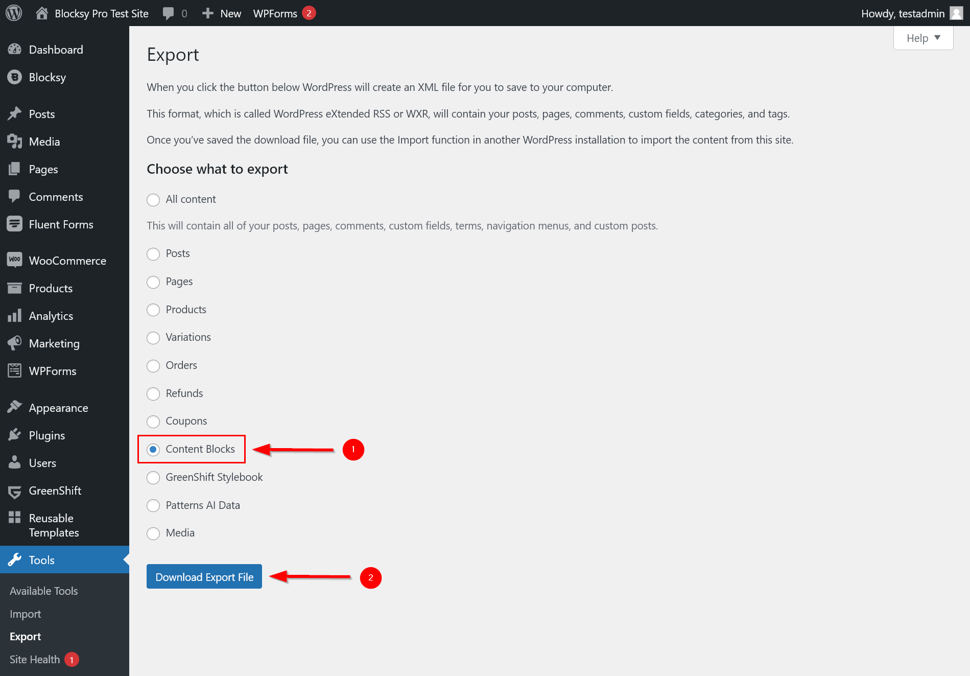 A screenshot of the Export page with the Content Blocks option