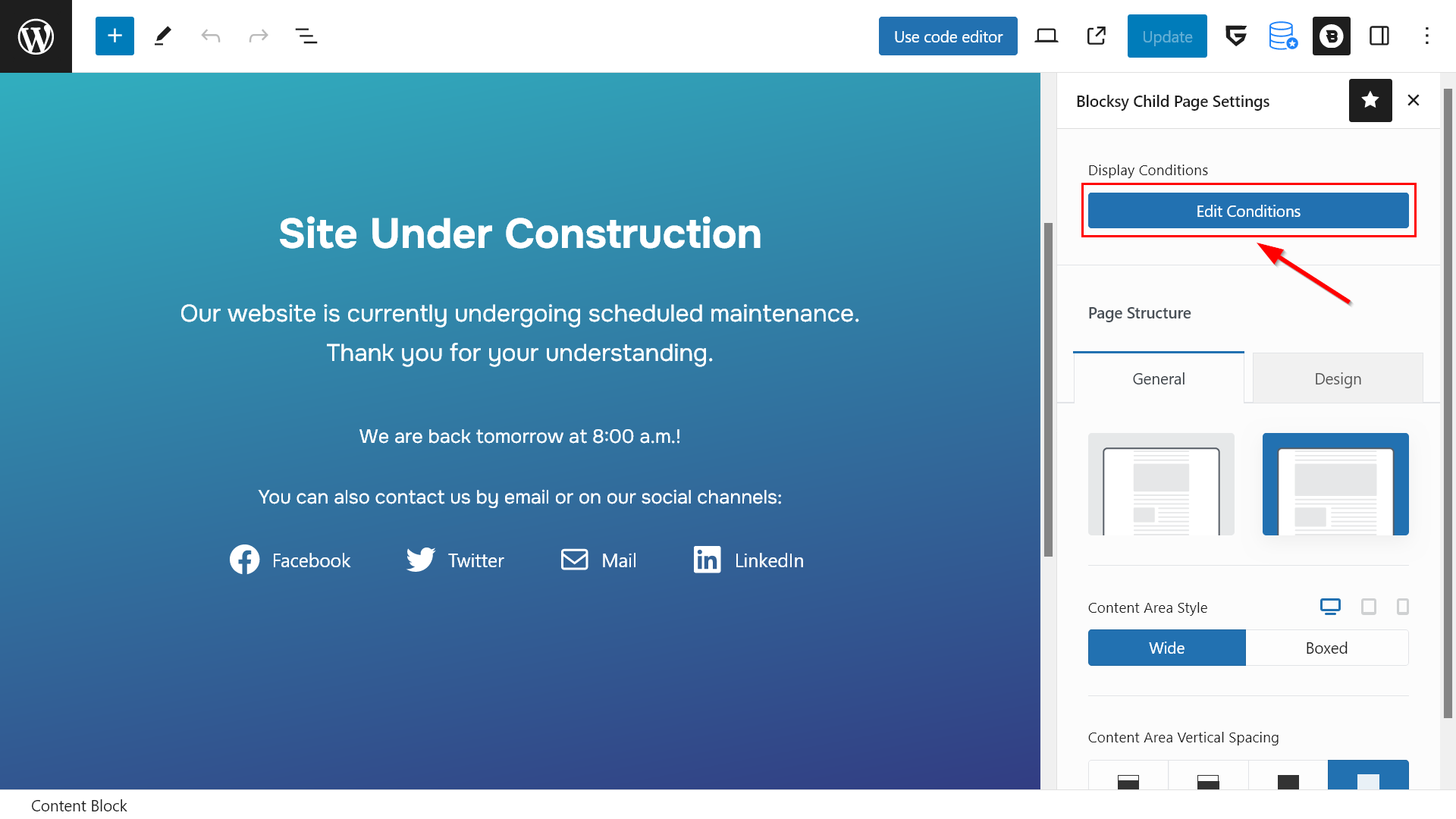 Location of the Edit Conditions button in the content block editor