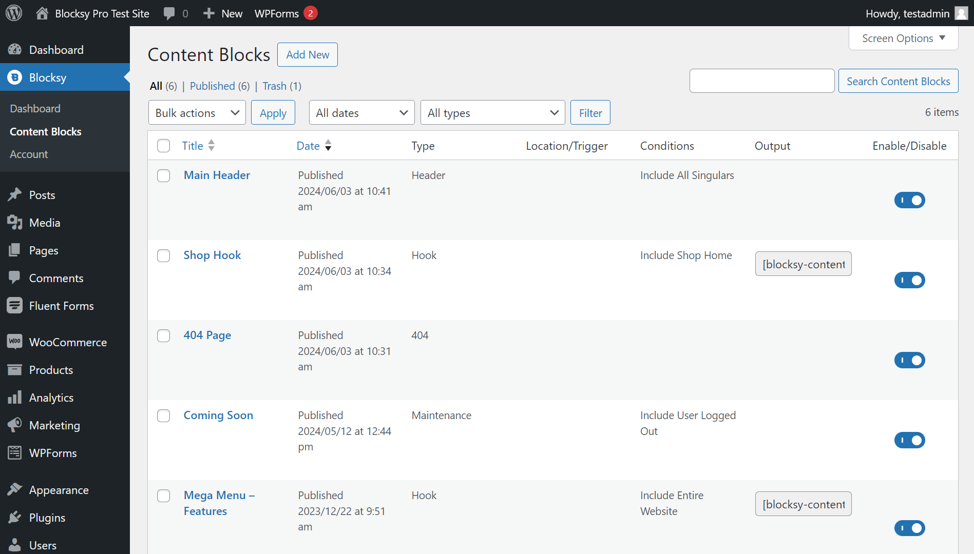 Overview of the Content Blocks admin page