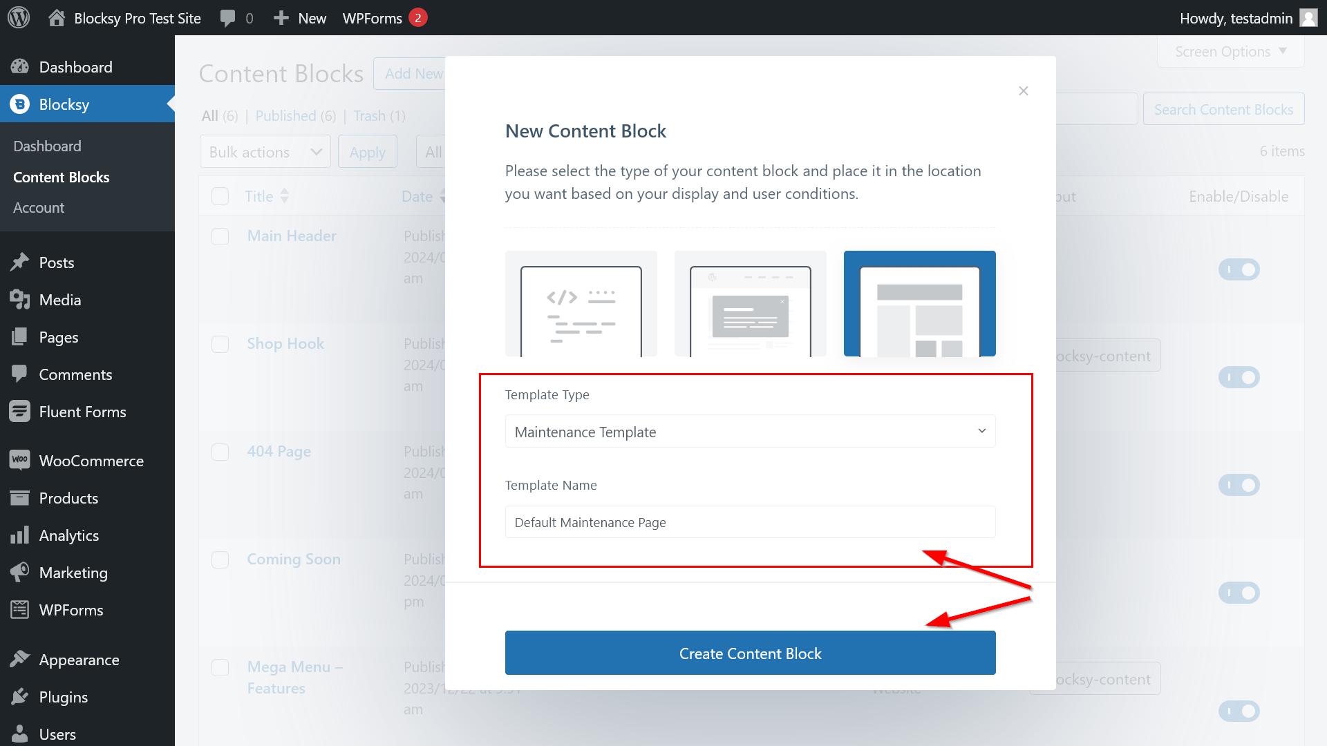 Custom Template options filled in - Template Type and Template Name