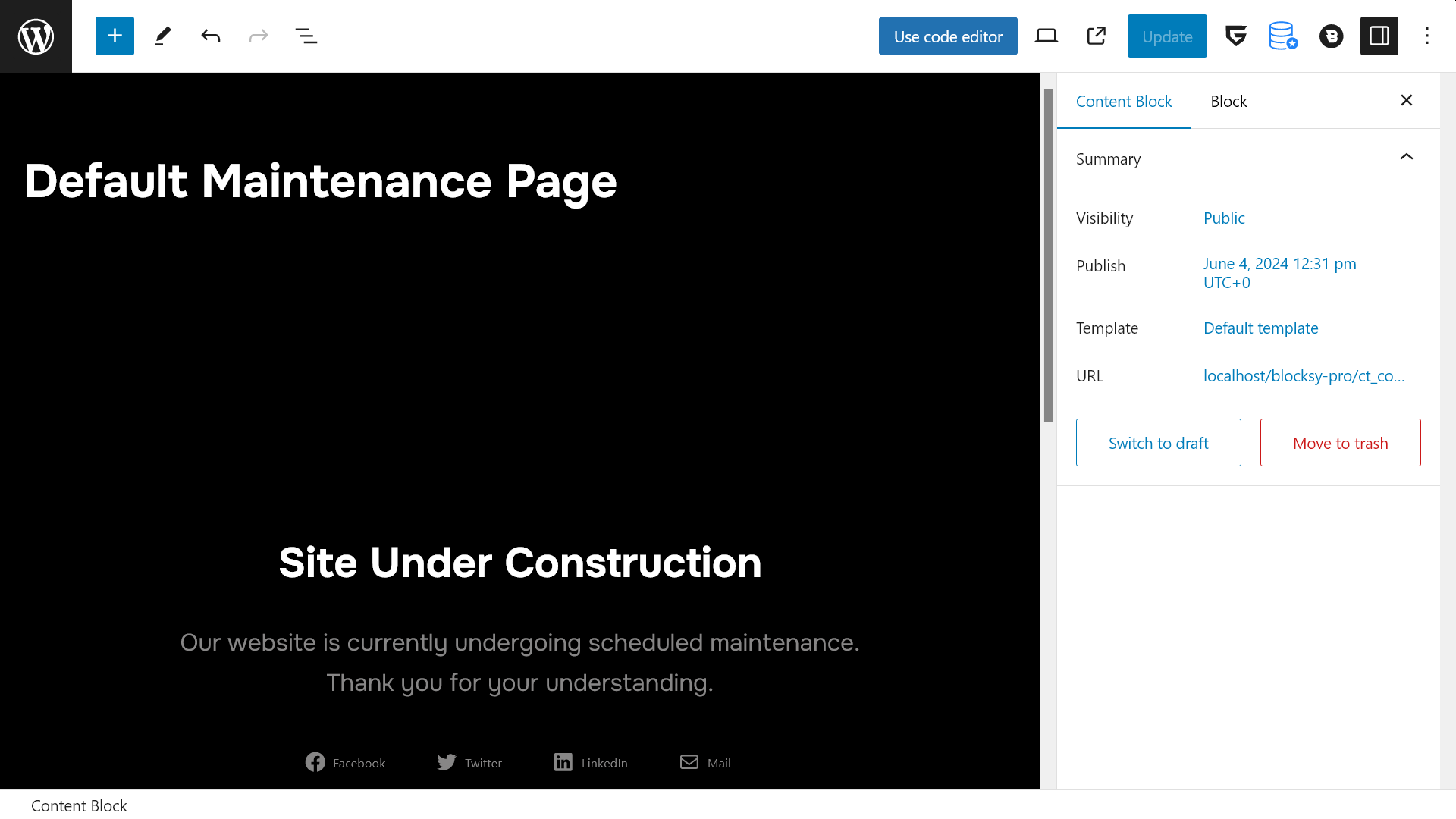 The default maintenance template loaded in the content block editor added to WordPress by Blocksy