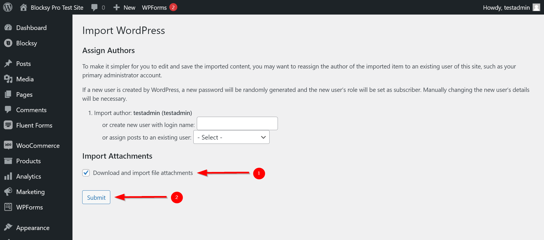 Submit screen of the WordPress Importer