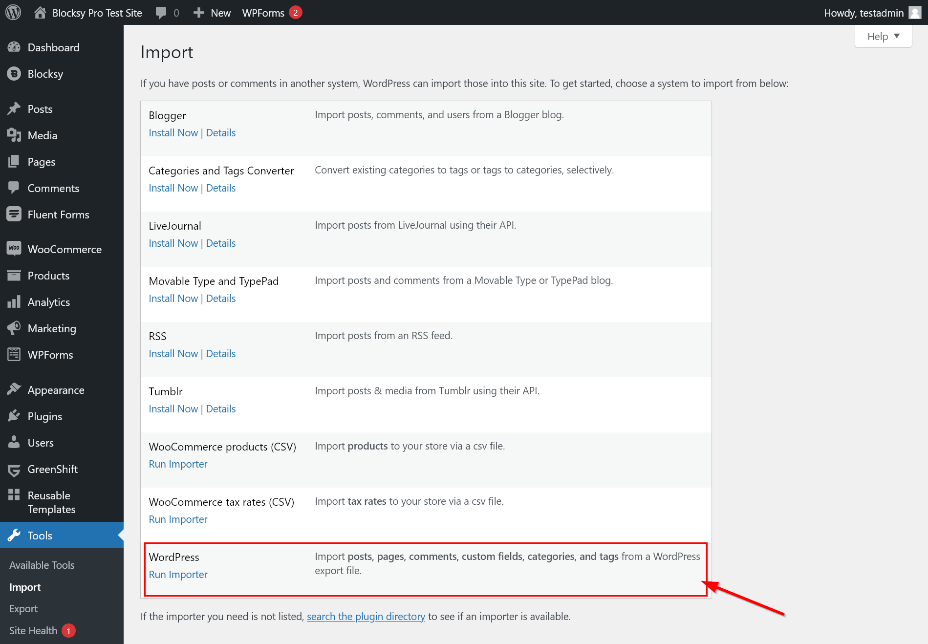 Location of the WordPress Importer on the Import admin page 