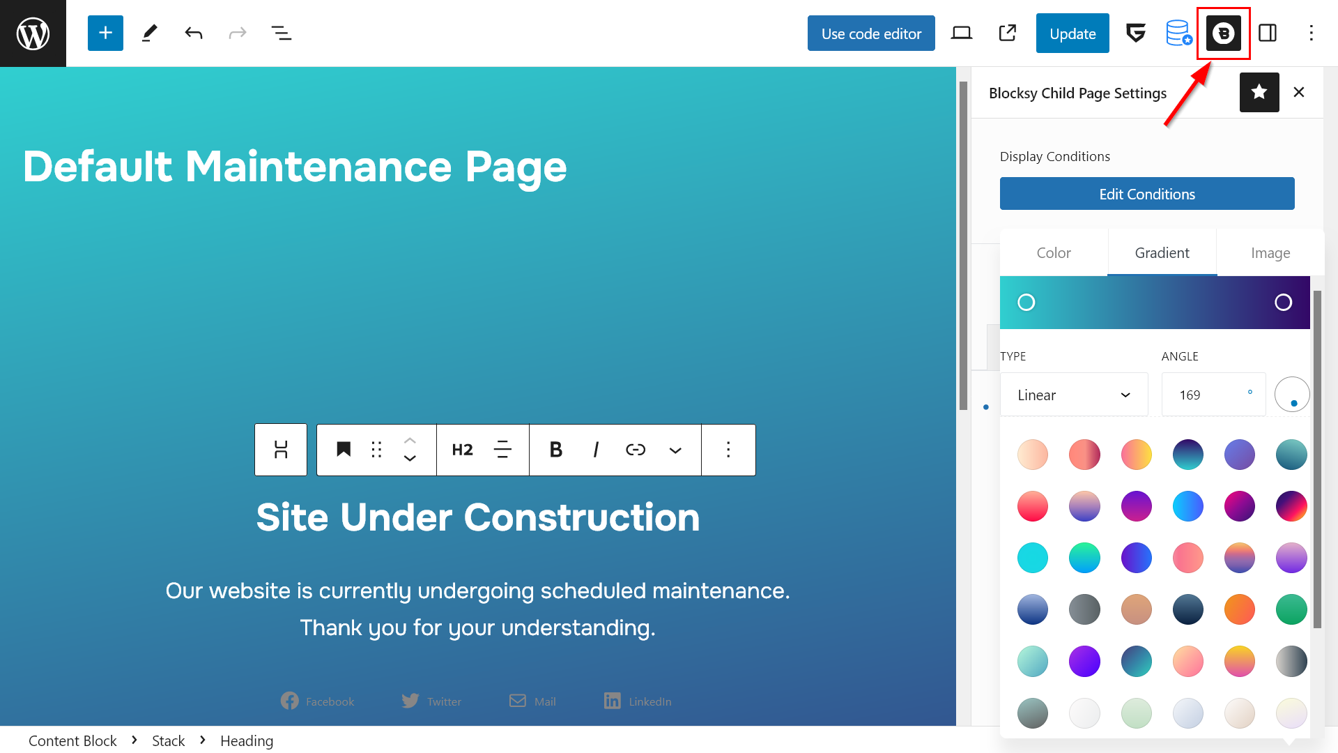 Design options of the maintenance content block in the Blocksy panel