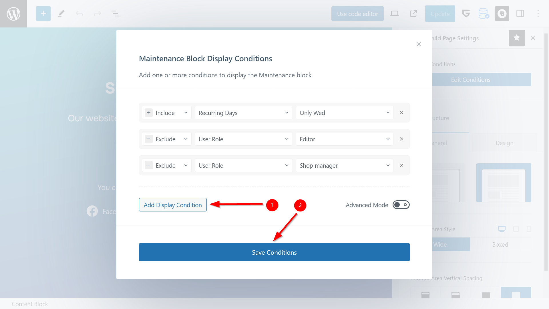 Maintenance Block Display Conditions modal with three display conditions