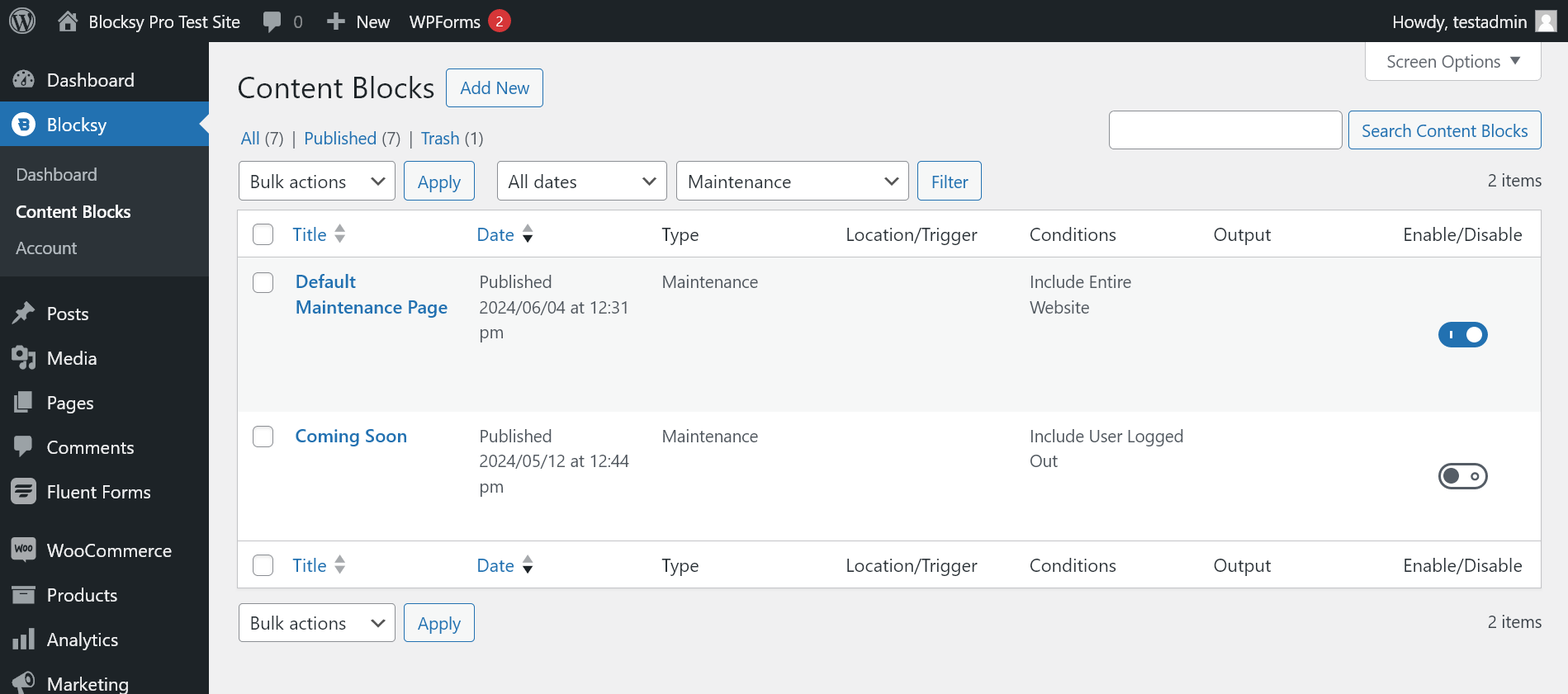 A Maintenance Mode and a Coming Soon template on the Content Blocks page in the WordPress admin area