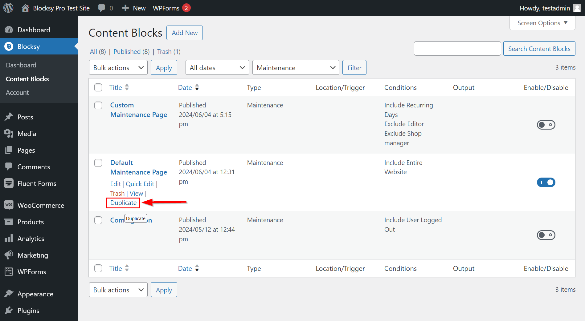 Location of the Duplicate button on the Content Blocks page