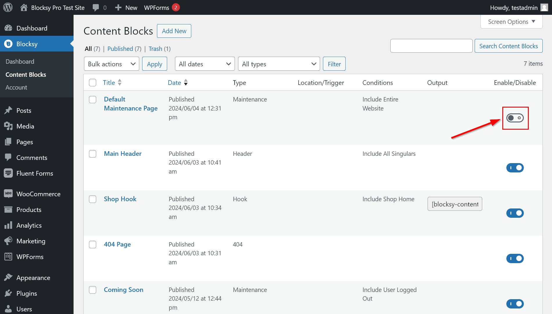 Location of the Enable/Disable toggle on the Content Blocks admin page