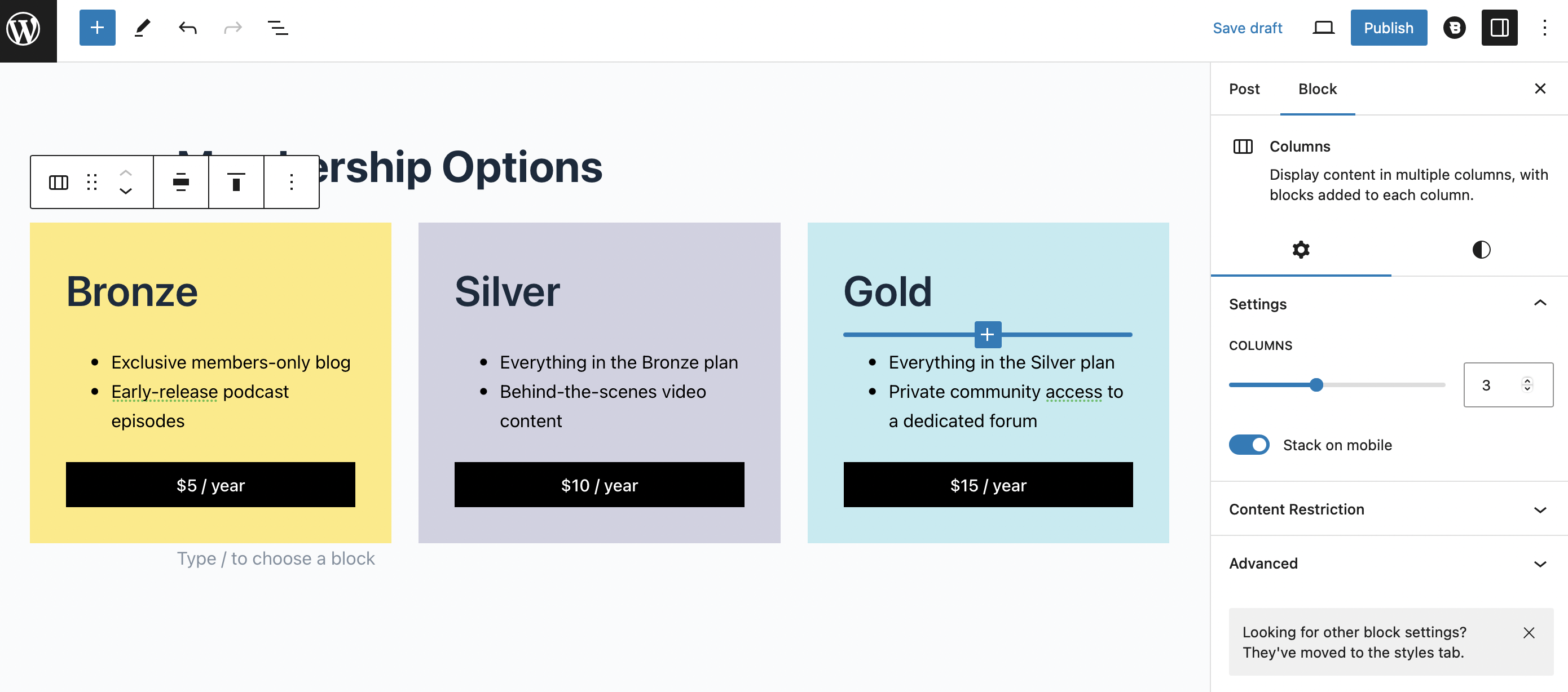 Create reusable blocks for pricing tables