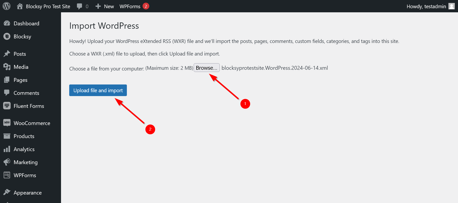 Location of the Browse and Upload file and import buttons in the WordPress Importer