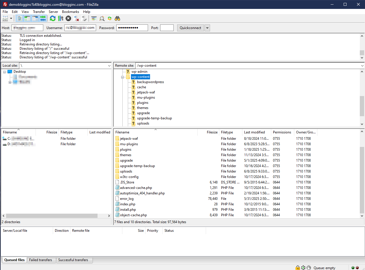 FileZilla access WordPress files