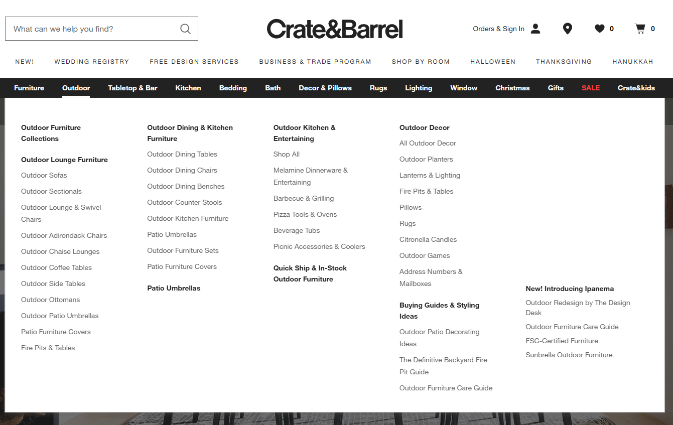 Crate & Barrel mega menu