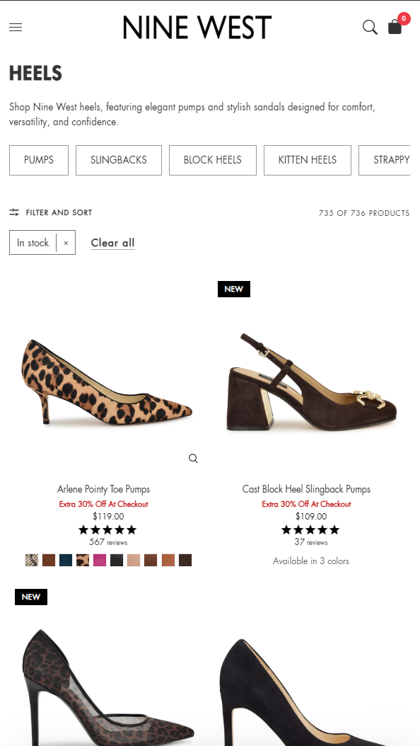 Nine West’s mobile site