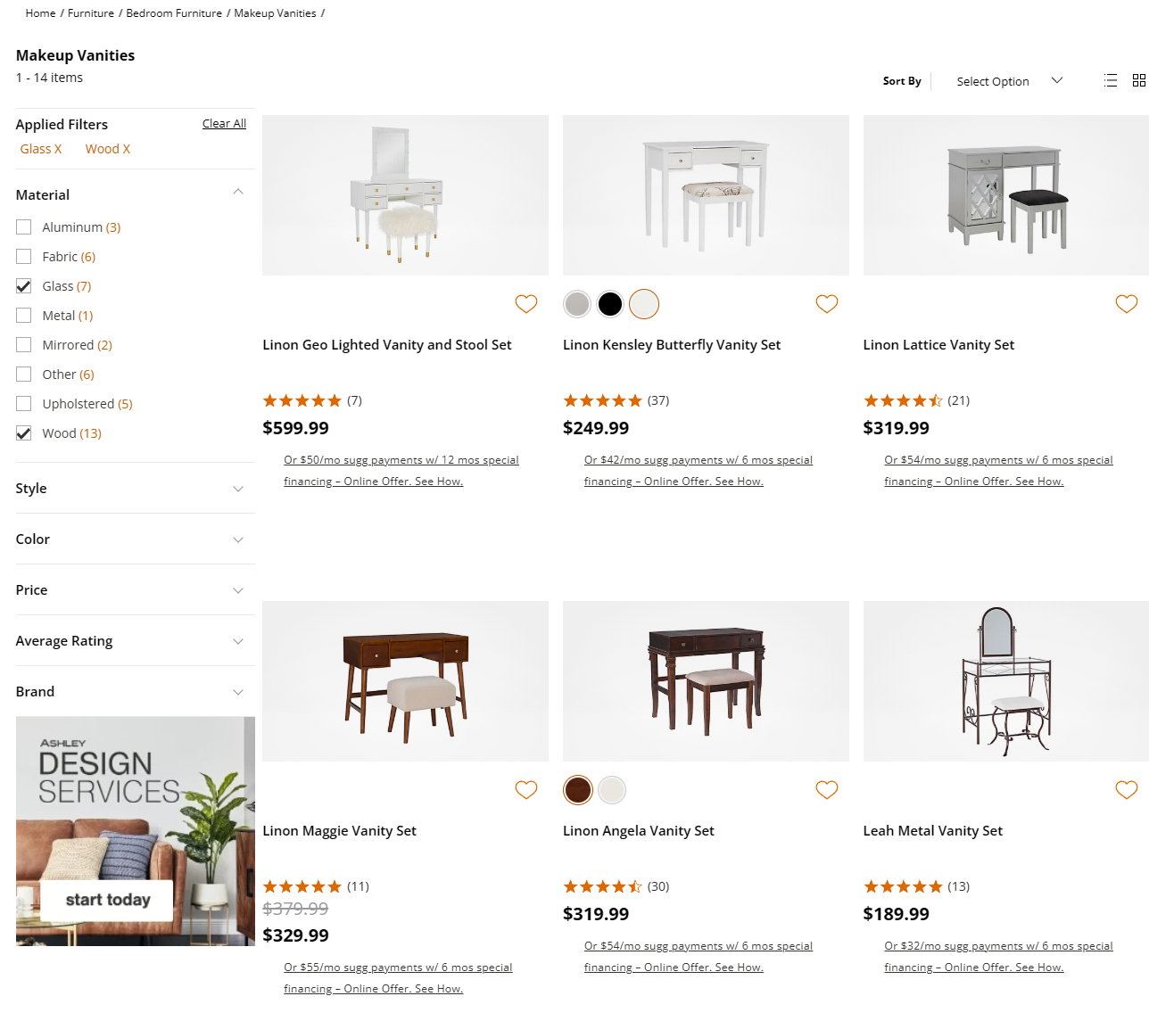 Ashley Furniture showing result counts with filters