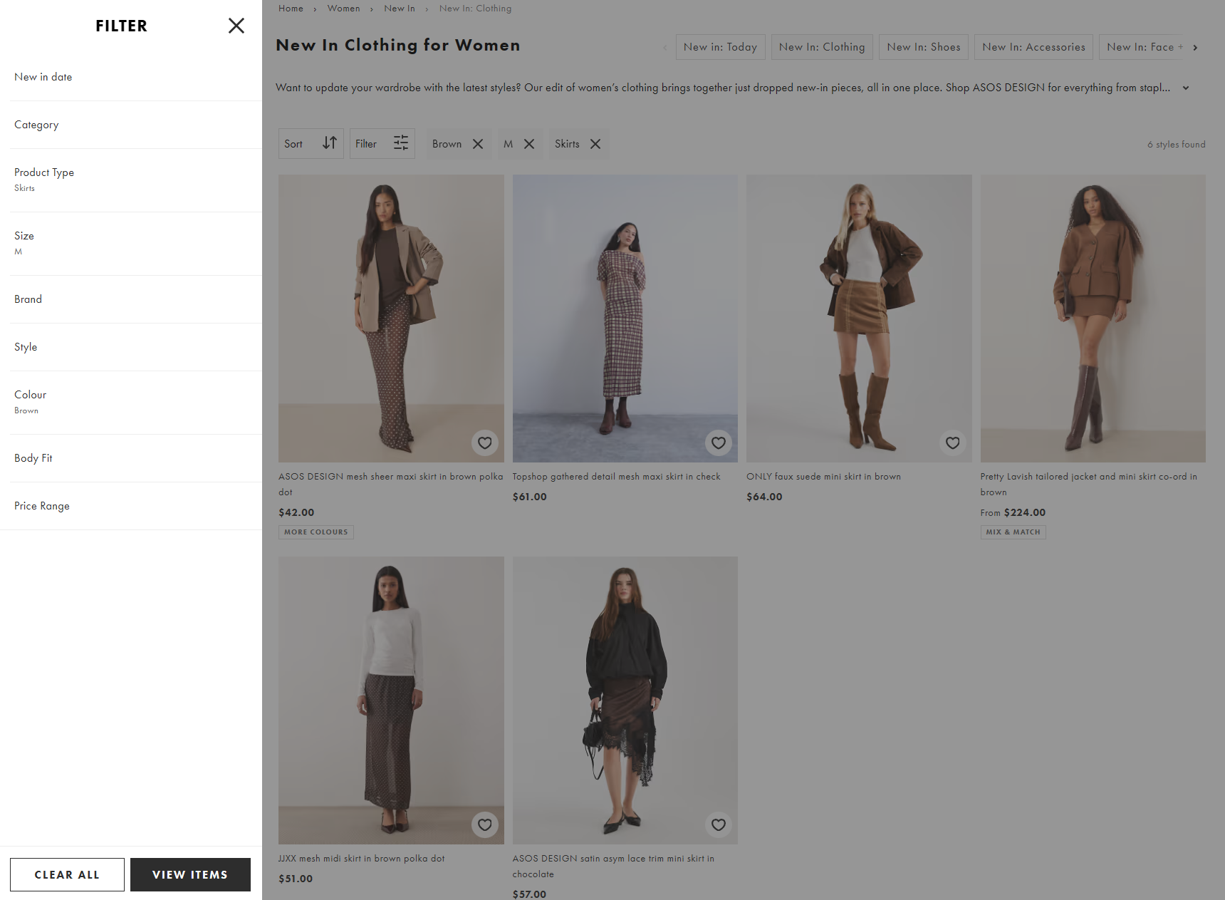 ASOS ecommerce store with filters applied