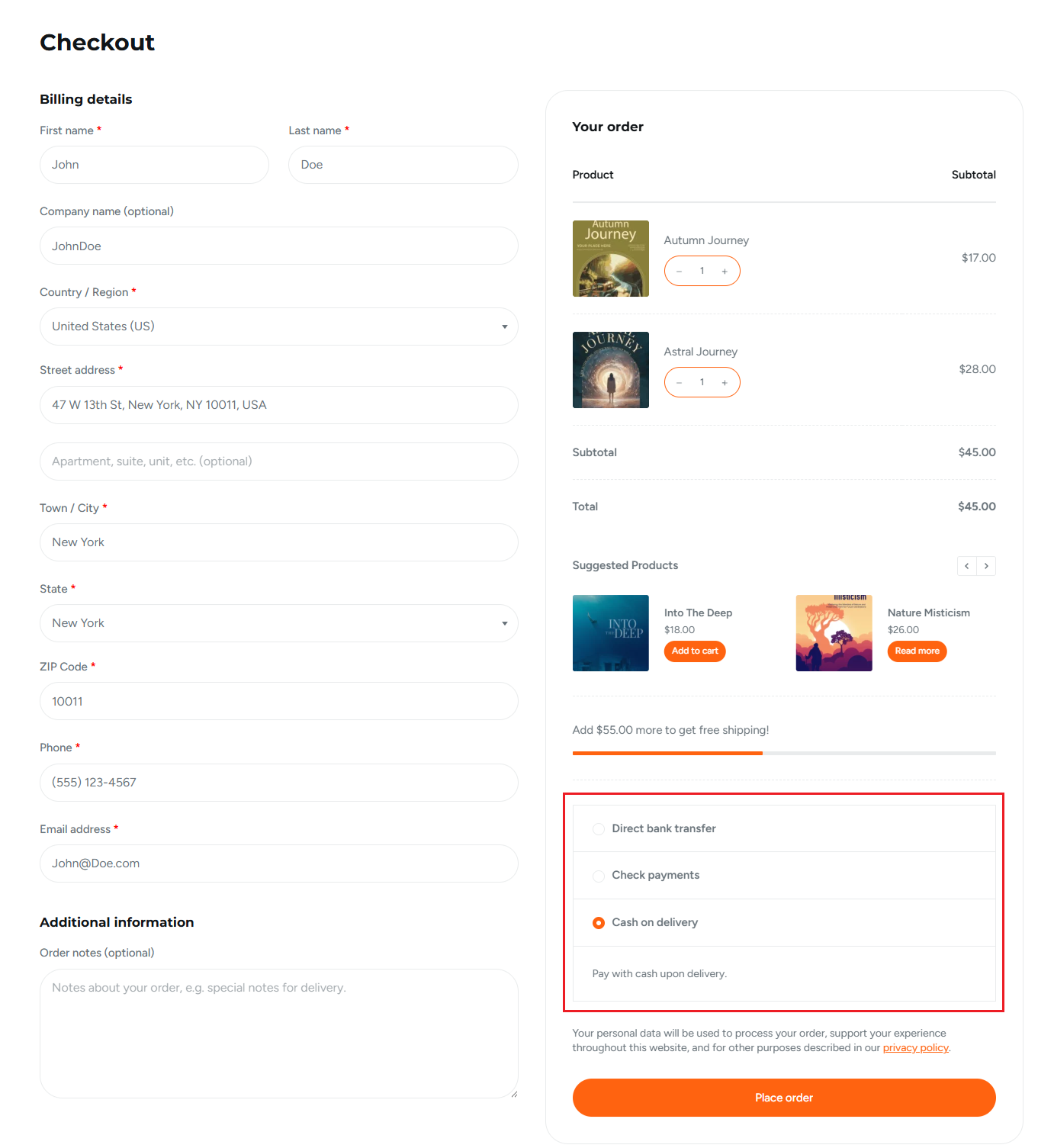 Payment methods at checkout