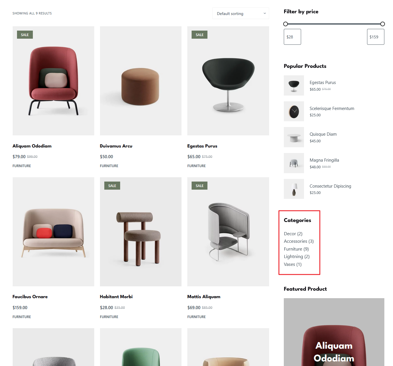 Product category filters