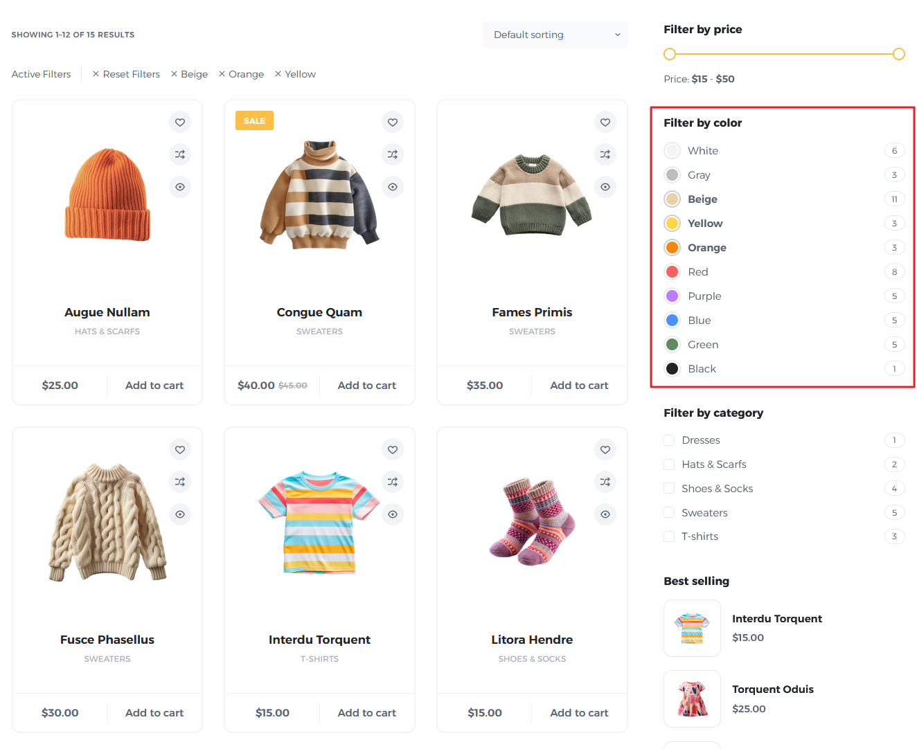 Product filters with clear labels