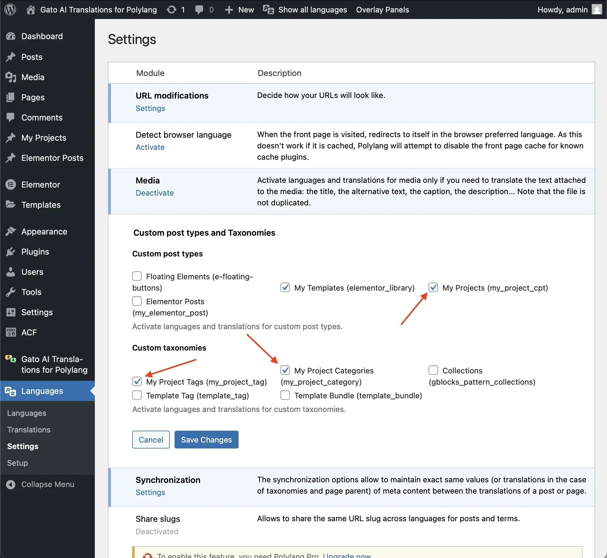 Enable CPTs and taxonomies in Polylang