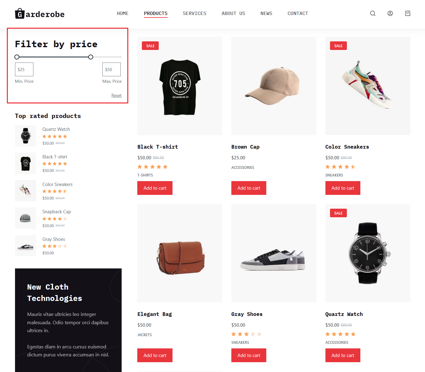 Price filters on the shop page