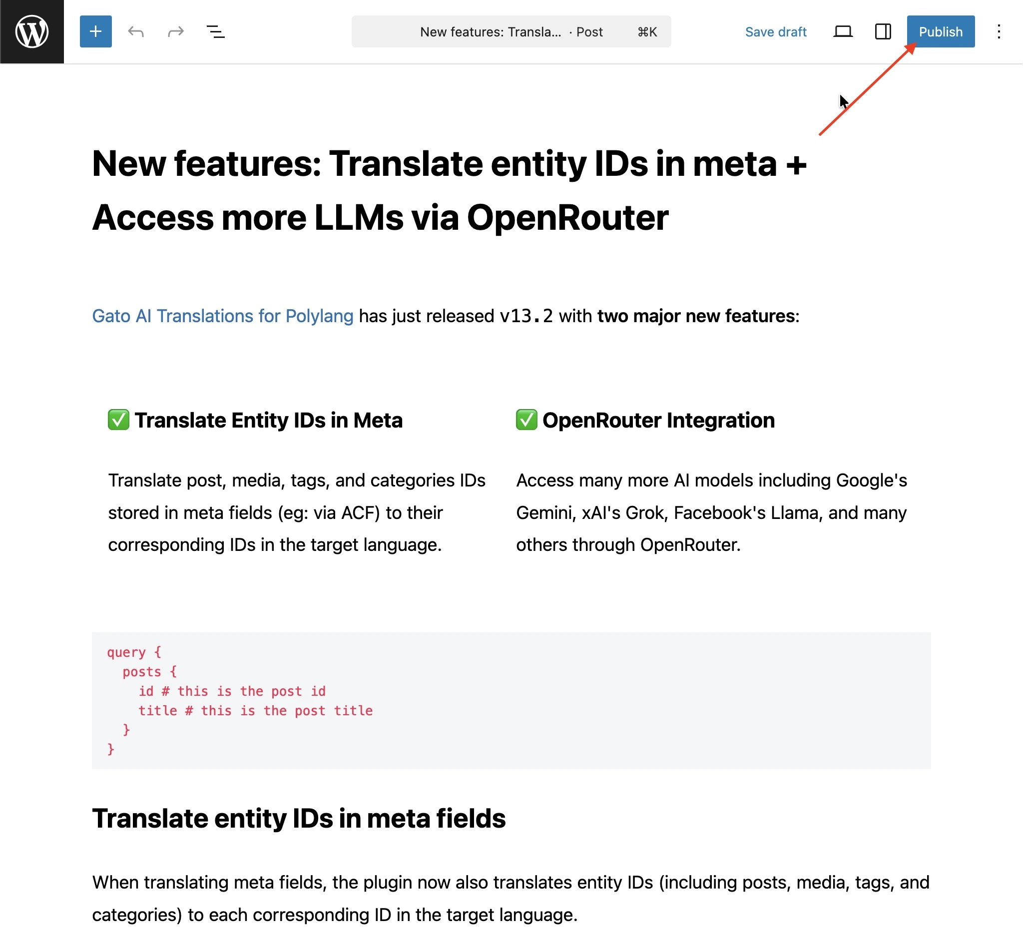 Publishing a post in the Gutenberg editor with automatic translation enabled