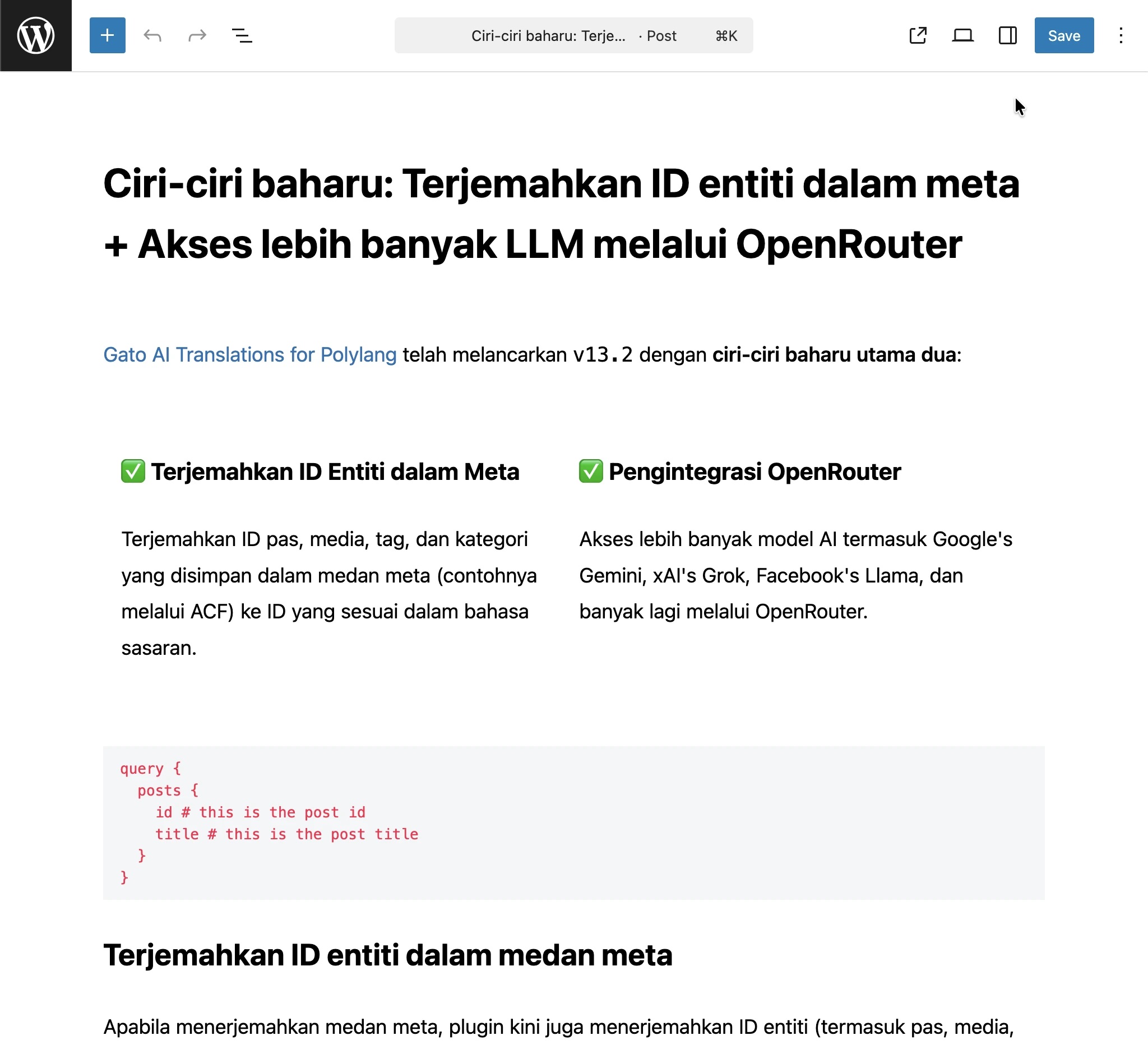 Translated blocks in Gutenberg post