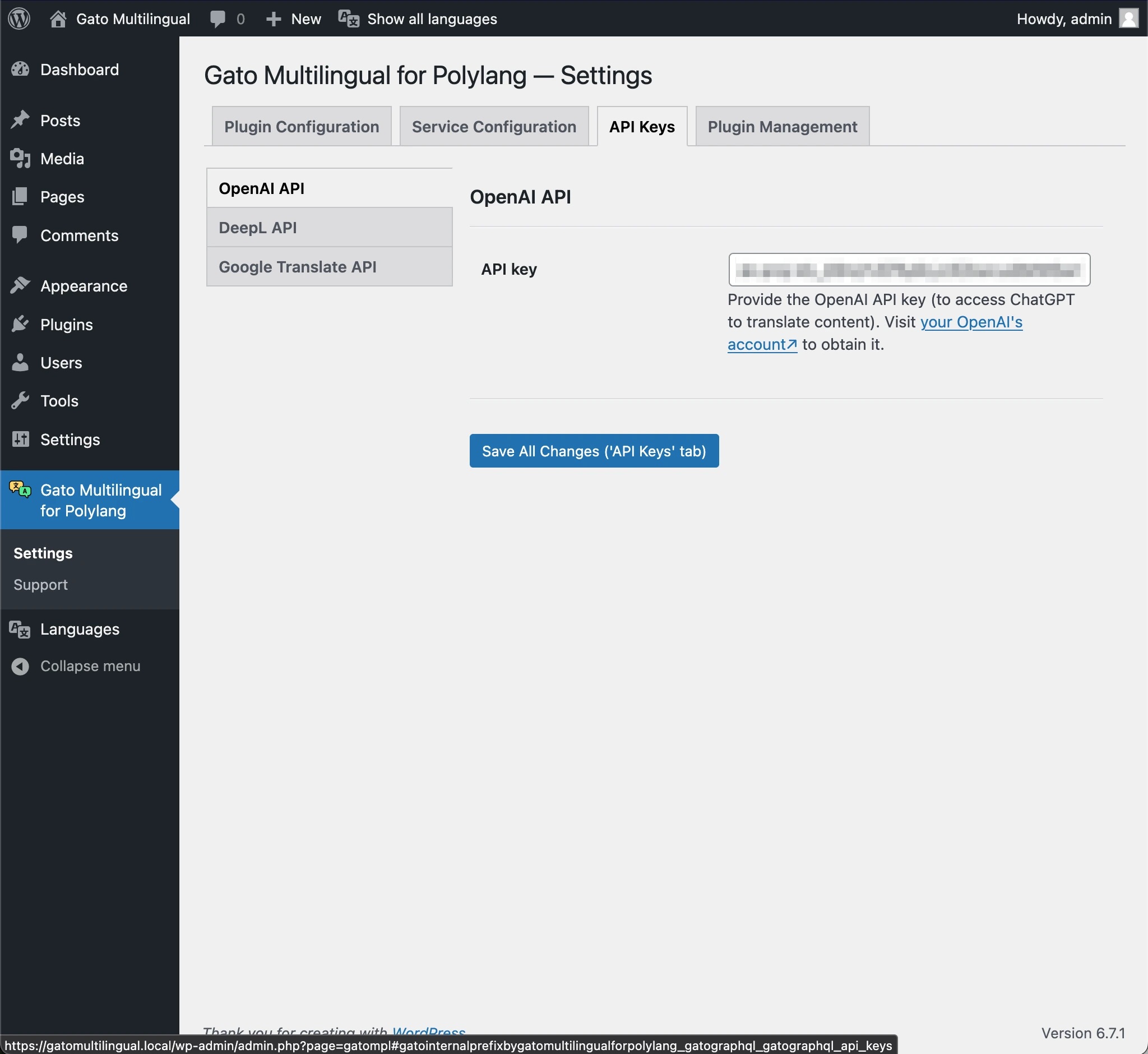 Providing API keys for translation