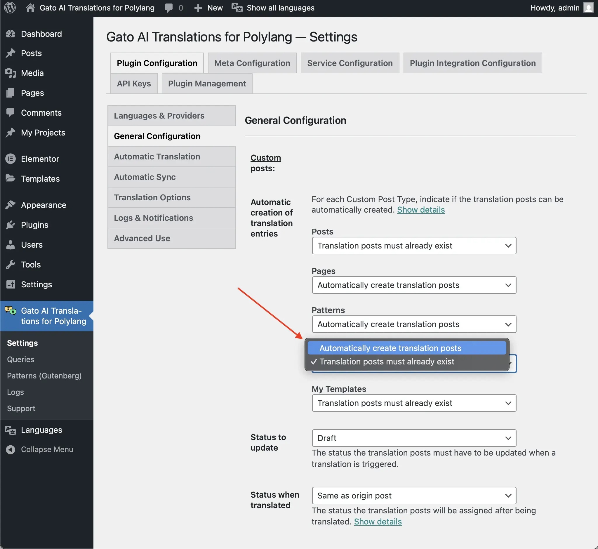 Setting the 'Automatic creation of translation entries' option