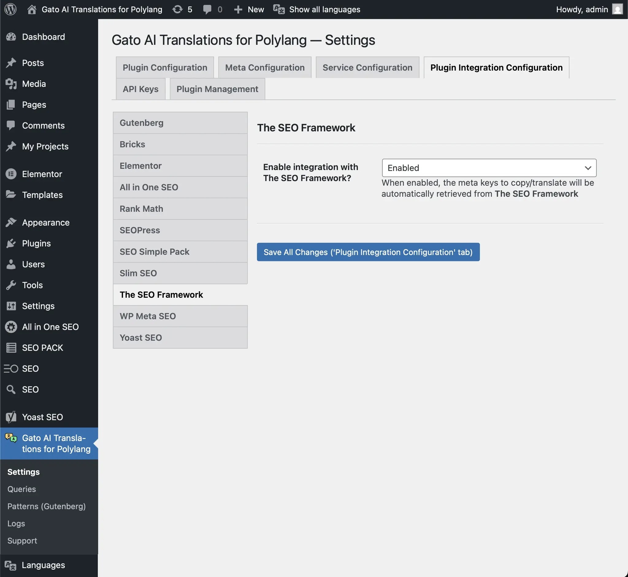 Enable/disable SEO plugin integrations