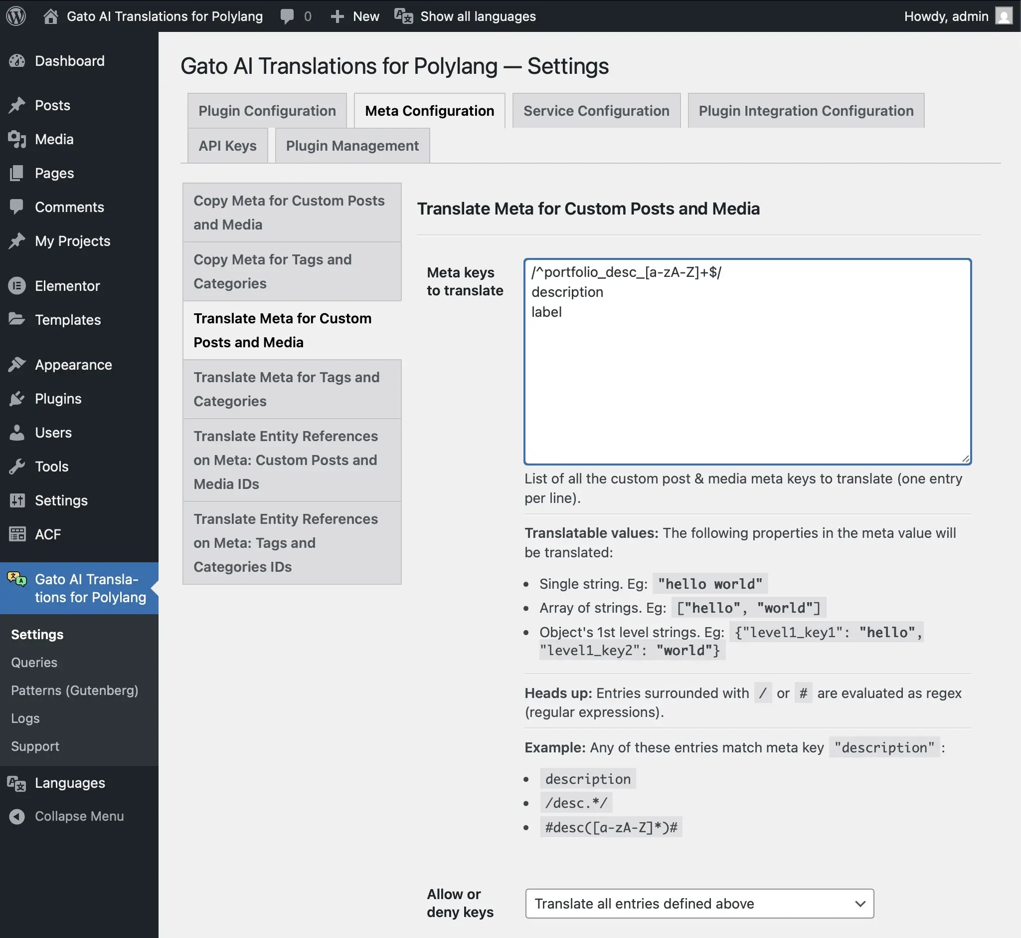 Configuring meta keys for synchronization and translation